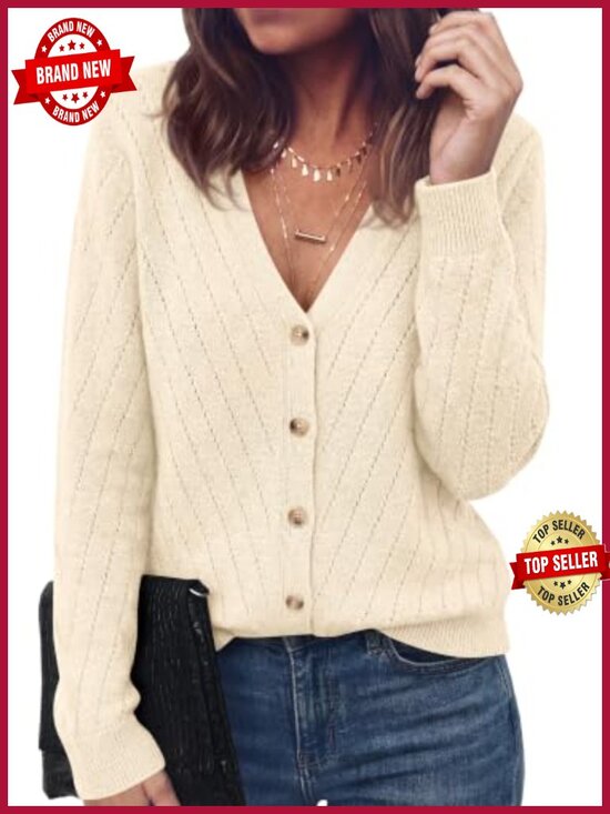 Sweaters - Women's Knit Cardigan V-Neck Long Sleeve Button Up Open Front Elastic-Blend